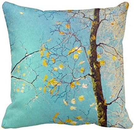 LCArtStore Yellow Autumn Leaves Fall Leaf Brown Tree Blue Sky 18x18 Inch Cotton Linen Decorative Pillow Case Throw Pillow.