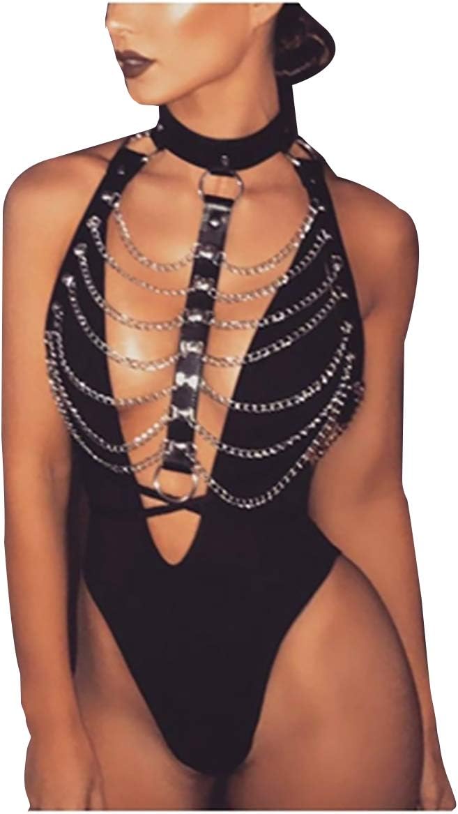 Women Festival Punk Waist Belt Body Chain Faux Leather Harness EDM Rave Clothes Choker Chain Holographic Caged Bra Belt