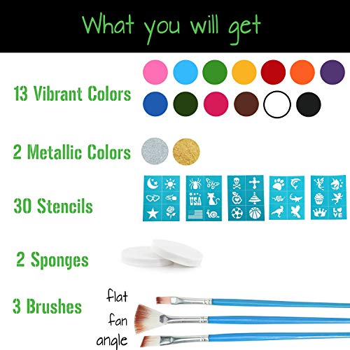 Non-Grease Face Painting Kit 15 Colors with 2 Metallic Gold and Silver, 3 Brushes, 30 Stencils, 2 Sponges - Professional Face Paint for Sensitive Skin, Halloween Makeup, Facepaints Party, Kids Safe