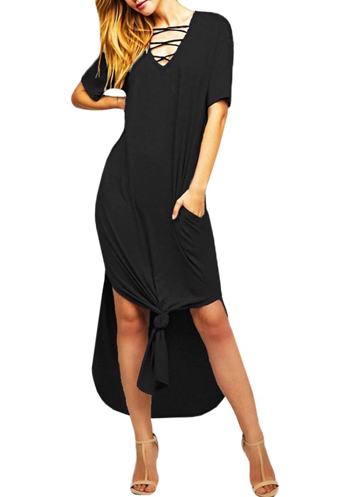 Womens Criss Cross Beach Dresses Casual Summer V Neck Short Sleeve Split Maxi Dress with Pockets