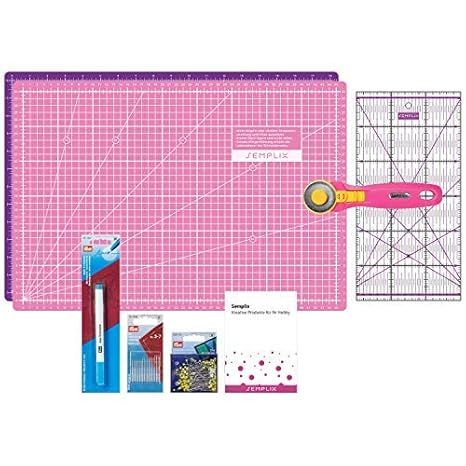 SEMPLIX Patchwork Starter Set - Schneidematte 45 x 30 cm (A3), Rollschneider Maxi, Patchwork Lineal + PRYM Nähnadeln, Steckna