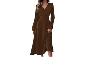 GENERIC Long Sleeve Midi Dress for Women 2024 Spring V Neck High Waisted T Shirt Dress Casual Flowy A Line Swing Formal Party Dresses