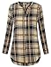 Timeson Blouse Top For Work, Womens V-Neck Tunic Shirt For Leggings Plaid Roll-Up Cuffed Sleeve Casual Blouse Tunic Button Down Shirt(Black Beige,Large)