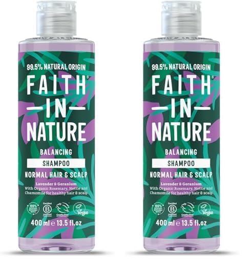 Faith In Nature Natural Lavender & Geranium Shampoo, Balancing for Normal Hair & Scalp, Vegan & Cruelty Free, No SLS, Silcones or Parabens, 400ml (Pack of 2)