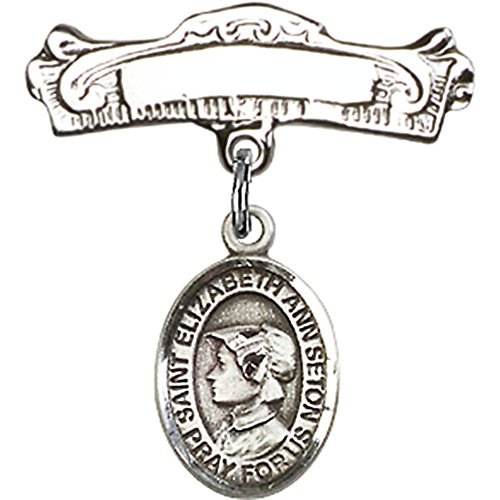 Sterling Silver Baby Badge with St. Elizabeth Ann Seton Charm and Arched Polished Badge Pin 7/8 X 7/8 inches