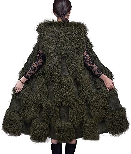 Women's Winter Fur Outwear Vent Real Tibet Sheep Fur Sleeveless Long Outwear Coat Gilet (free size, Army green)