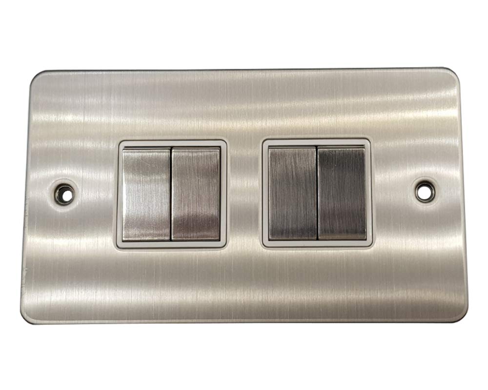 Klite Quad Light Switch 4 Gang Flat Plate Brushed Chrome White Insert Metal Rocker Switches 10A 4 Gang 2 Way Switch