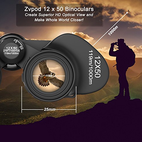 Zvpod 12 x 50 Binoculars for Adults - Wide Angle Weak Light Night Vision Compact Lightweight HD Bird Watching Waterproof for Outdoor Sports Games Concerts Travel Hiking w/Strap Carrying Bag