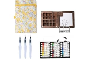 MUZMDNI Mini Portable Watercolor Palette Set-Grid Paint Box with Binder Clips Include 24 Colors Paint - Brush*3 and Picture Album Art Materials Coloring Markers (Yellow Wood-L)