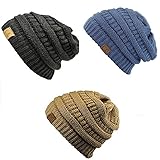 Trendy Warm Chunky Soft Stretch Cable Knit Slouchy Beanie Skully HAT20A (One Size, 3 pack:Black/Denim/Camel)