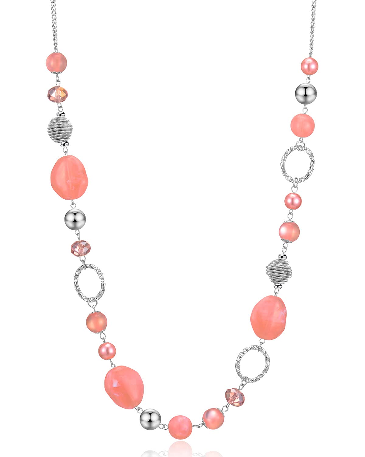 BULINLIN Long Beaded Silver Necklace for Her Crystal Bead Sweater Chain Fashion Jewelry Necklace Birthday Gifts for Women Mum (Pink)