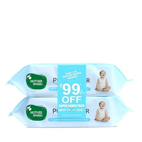 Mother Sparsh 99% Pure Water (Unscented) baby wipes I Natural Plant made cloth - Super thick I 72 pcs/pack - Pack of 2 (Super Saver Pack)