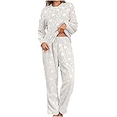 Mzkdieey Women's Fuzzy Fleece Pajamas Set Soft Warm Flannel Sleepwear Cute Heart Print Long Sleeve 2 Piece PJ Set Loungewear