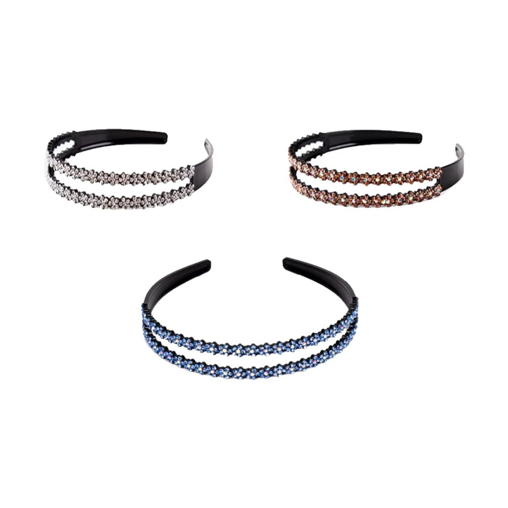 Lurrose 3pcs Crystal Teeth Headbands Rhinestone Flower Hard Hairbands Plastic Double Row Non-slip Headband for Women