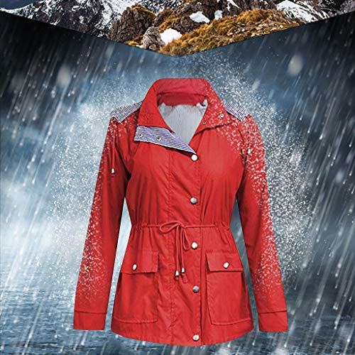 Womens Casual Long Sleeve Solid Rain Jacket Outdoor Waterproof Windproof Hooded Raincoat Pocket Outwear Coat Overcoat Tops (S-2XL) - Thumbnail 3
