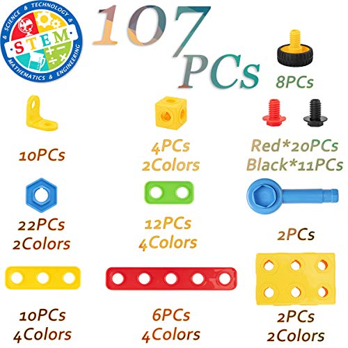 cossy 107 Pieces Construction Engineering Building Blocks Set, Manipulative Toy for Boys & Girls, Come with a Sturdy Storage Container, Best STEM Toy Gift for Kids Ages 3 yr - 6 yr - Thumbnail 5