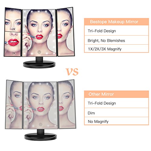 BESTOPE Makeup Vanity Mirror with 3x/2x Magnification,Trifold Mirror with 21 Led Lights,Touch Screen, 180° Adjustable Rotation,Dual Power Supply, Countertop Cosmetic Mirror (Black)