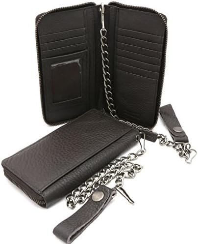 Bifold Dark Brown Genuine Leather Checkbook Holder Zip-around Wallet w/ a Chain