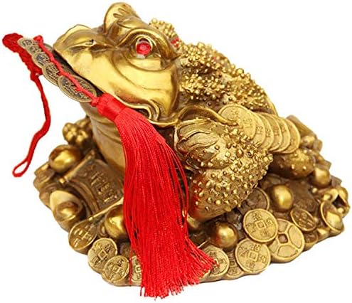 Kristing New Three Legged Wealth Traditional Frog,Brass Feng Shui Money Frog,Money Toad Statue with Lucky Charm Ancient Coins on Red String for Home Car Fengshui Decor