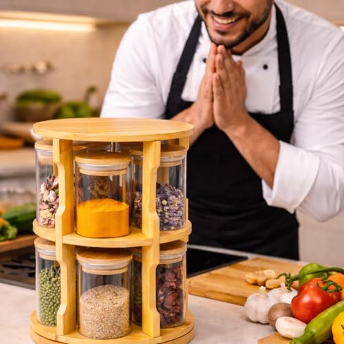 360° Rotating Spice Rack Organizer – 10 Glass Jars (200ml Each) with Bamboo Wooden Stand – Kitchen Countertop Storage Carousel – Space Saving Masala Organizer