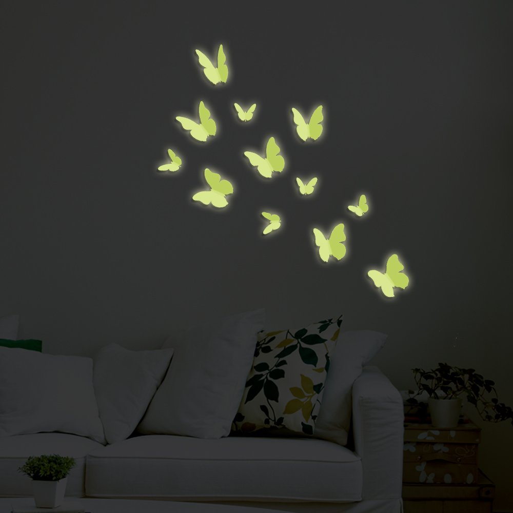 WALPLUS 3D Glow Butterflies Wall Stickers, Vinyl, Multi-Colour, 10 x 10 x 3 cm