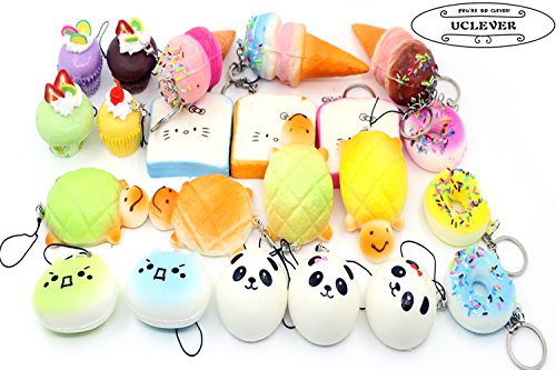 Uclever 7PCs Cute Soft Squishy Charm Food Kawaii Jumbo Medium Mini Size Slow Rising Squishes Phone Charms Bread Toasts Cake Multi Donuts Phone Straps Charm Gift