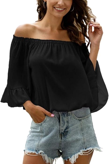 HaiDean Fashion Tops Women Word Relaxed Collar Trumpet Sleeves Modern Casual Chiffon Shirts 