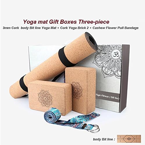 Nanle Cork Yoga Mat High Density Natural Cork Yoga Mat Natural Nontoxic Anti Slip - Antibacterial Applicable to Pilates Fitness and Sports Gift Boxes Three-piece (Color : Body Bit line)
