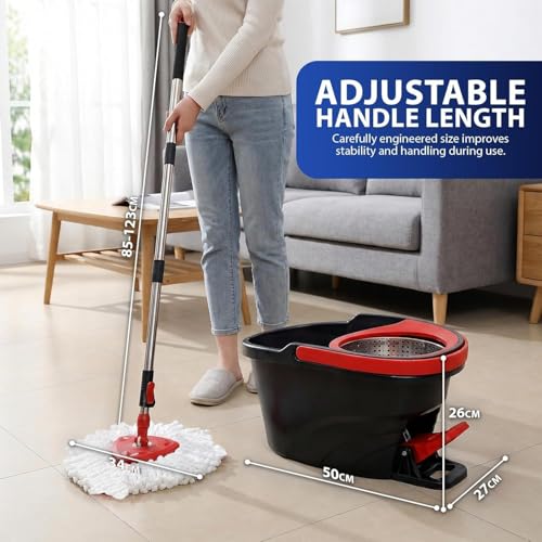 Easy Wring Spin Mop & Bucket Set with Foot Pedal – 360° Rotating Microfiber Floor Mop System with Stainless Steel Wringer, Adjustable Handle & 2 Reusable Mop Heads for Tile, Marble & Wood Floors