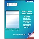 Premium Label Supply Glossy White Water Bottle Sticker Labels – NOT Waterproof – 8" x 2" – (5 per Sheet) (Glossy White for Inkjet Only, 50 Labels)