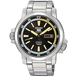 Men's Stainless Steel Seiko 5 Automatic Link Bracelet Black Dial Yellow