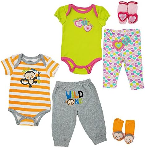 Boy Girl Twin Outfits, 6 Pack Baby Short Sleeves Rattle Socks Set, Cute Twins Clothing for Boy and Girl 9M