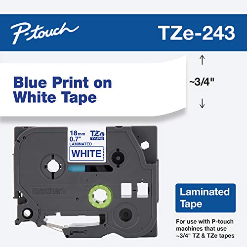 Brother Genuine P-Touch TZE-243 Tape, 3/4" (0.7 mm) Standard Laminated P-Touch Tape, Blue on White, Laminated for Indoor or Outdoor Use, Water-Resistant, 26.2 ft (8 m), Single-Pack