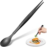 Luxshiny 2in1 Stainless Steel Tasting Spoon with Long Handle | Metal Taste Testing Spoon, Black Serving Cooking Tweezers Chopsticks Tongs for Food Sauce Home Kitchen Restaurant, 6.8 Inch