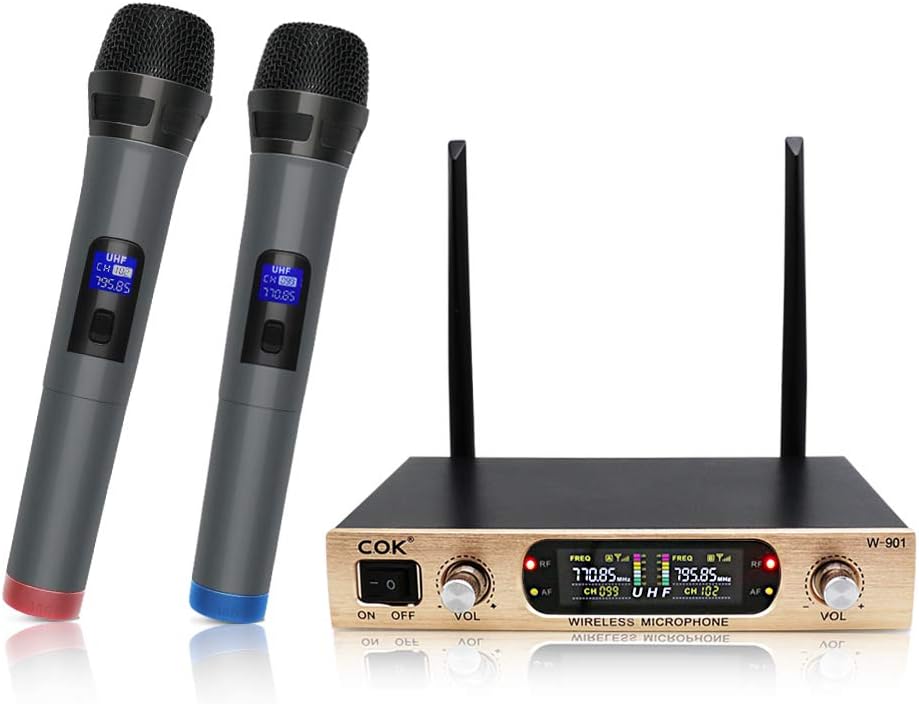 Wireless Microphone System with 2 Handheld Cordless Mics, Dual Channel, Includes Portable Receiver & LCD Display for Party Wedding Music Singing