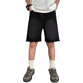 Nivne Tco Tween Boys Denim Shorts Fashion Raw Hem Casual Black Loose Elastic Waist Wide-Leg Jean Shorts with Pockets