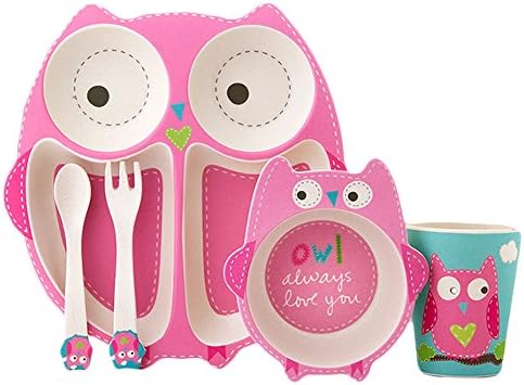 Kids Dinner Set - Pack of 5 Cartoon Toddler Cutlery Bamboo Plate with Eco-Friendly Decal Technology For 1-6 Years Old Baby Gifts of Bamboo Childrens Dinner Sets (Owl)