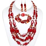 19 Inch Red Simulated Coral and Stone Chips Necklace Bracelet and Earrings Set
