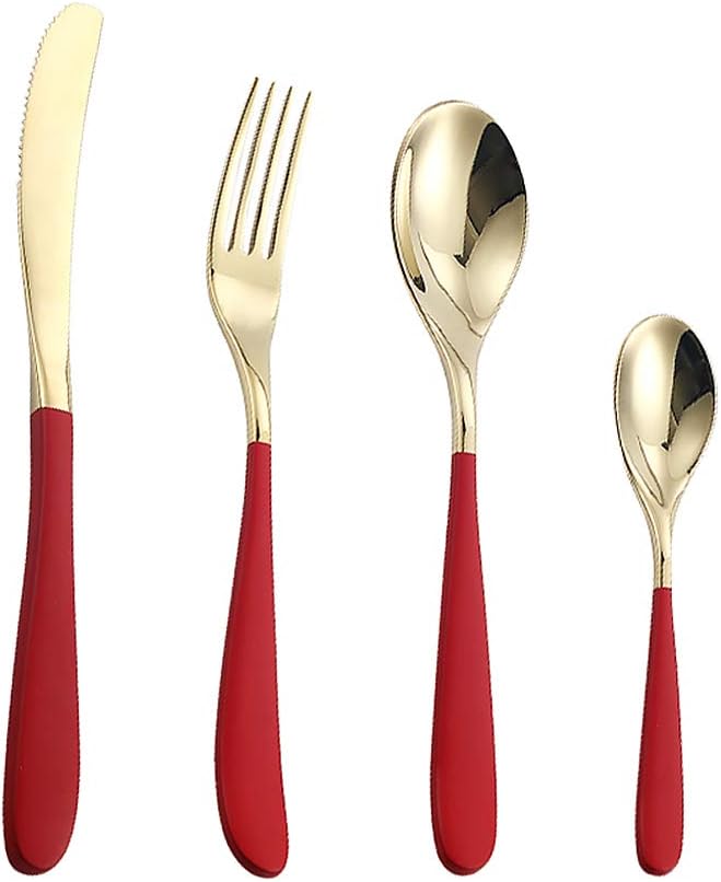 ZFQ 16-Piece Stainless Steel Cutlery Set Serve for 4, Luxury Gold Colored with Red Handle, Mirror Finish, Ideal for Wedding, Party, Christmas
