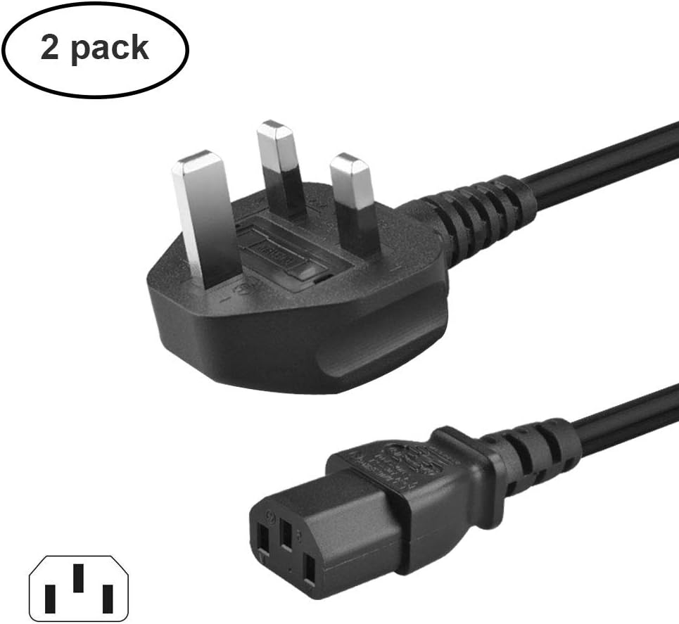 [2 Pack] BOLWEO 1.2M Kettle Lead IEC C13 Power Cable, 3 Prong UK Plug Computer Power Cord For Samsung/Toshiba/LG/Sony/Panasonic/Acer/Asus/HP/Dell and More