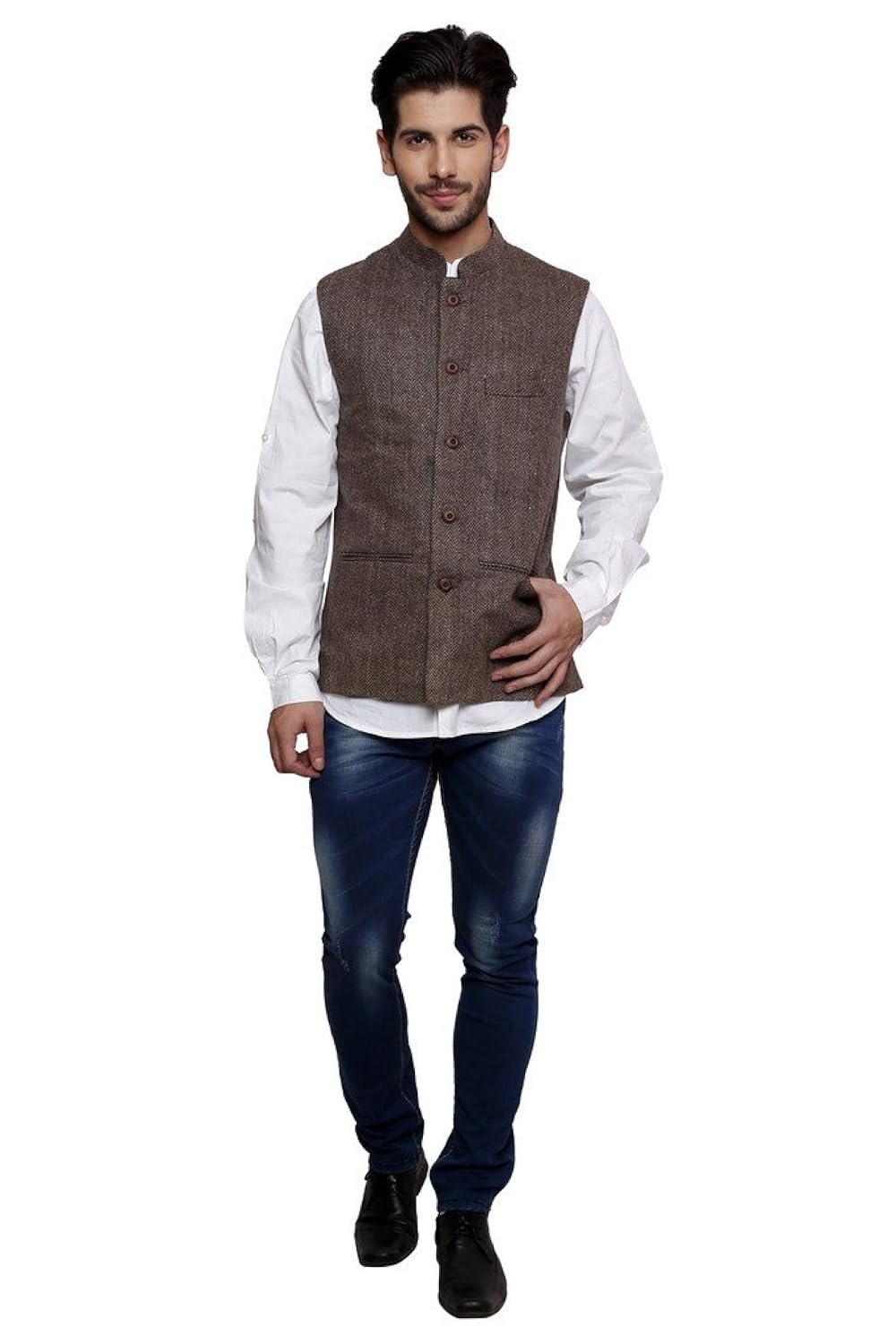 dhrohar men's woolen brown textured nehru waistcoat