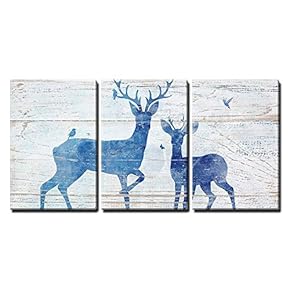 Deers and Birds on Rustic Wood Style Background x3 Panels