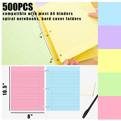 Koogel Binder Refills Paper, 500 Sheets Lined Filler Paper Refill Pads 3 Holes Punch for A4 Notebook 3-Ring Binder Planner School Office 5 Colors