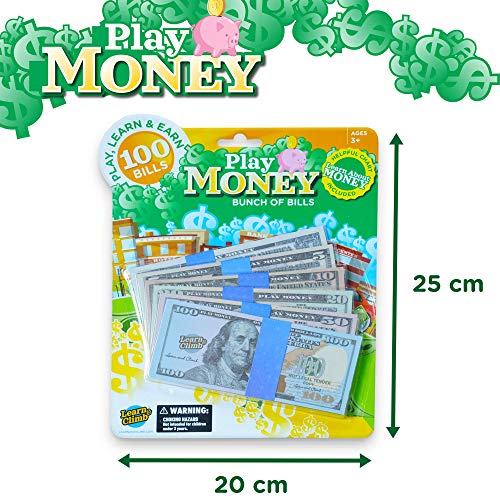 Learn & Climb Play Money Bills Set for Kids - 100 Bills $1, $5, $10, $20, $50, $100 Dollar Bills for Pretend Play, Counting and Math - Thumbnail 3