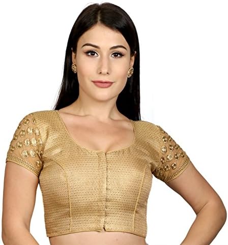 Rinkoo Womens Jacquard Silk Embroidery Designer Net Short Sleeves Padded Princess Cut Readymade Saree Blouse