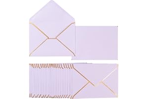 HOMTABLE 50 Pack A7 Envelopes Light Purple 5 x 7 Self-Adhesive V Flap Envelopes with Gold Border for Office, Greeting Card, Wedding, Graduation, Baby Shower, Parties, Invitations (Violet, 5x7)