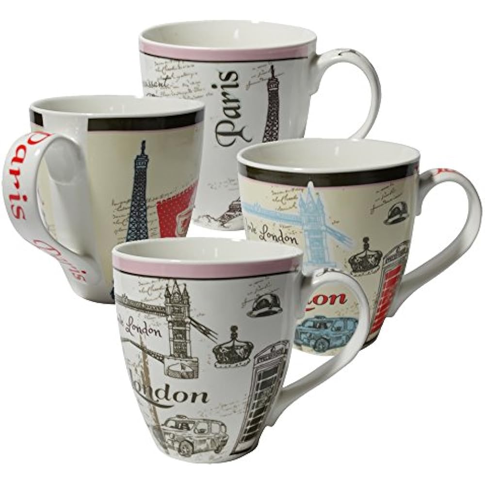 Set Of Four (4) Assorted Paris London Design 16 Oz Coffee Mugs IG13519