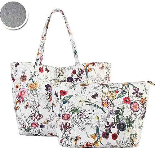 Diophy Colorful Floral Pattern Two-Tone Reversible Large Tote with Matching