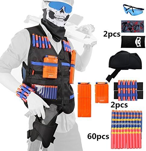 Tactical Vest Kits, Kids Tactical Vest Kit for Nerf Guns N-Strike Elite Series with 60 Refill Foam Darts+Waist Bag+2 Quick Reload Clips+2 Wrist Band+2 Face Mask+Protective Glasses(Tactical Vest Kit 4）
