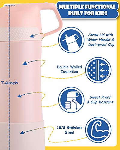 FEIJIAN FJbottle Kids Insulated Stainless Steel Water Bottle with Straw Lid, 14 oz, New Anti-Colic with AirFree Vent Technology Patent Design Care for Kids, BPA Free, Blush Pink